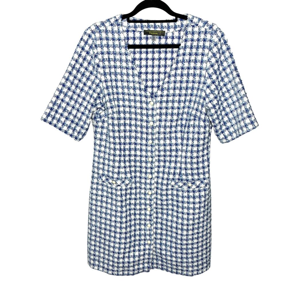 Melanie Blue White Houndstooth Preppy Clueless Fringe Button Up Dress Size 16